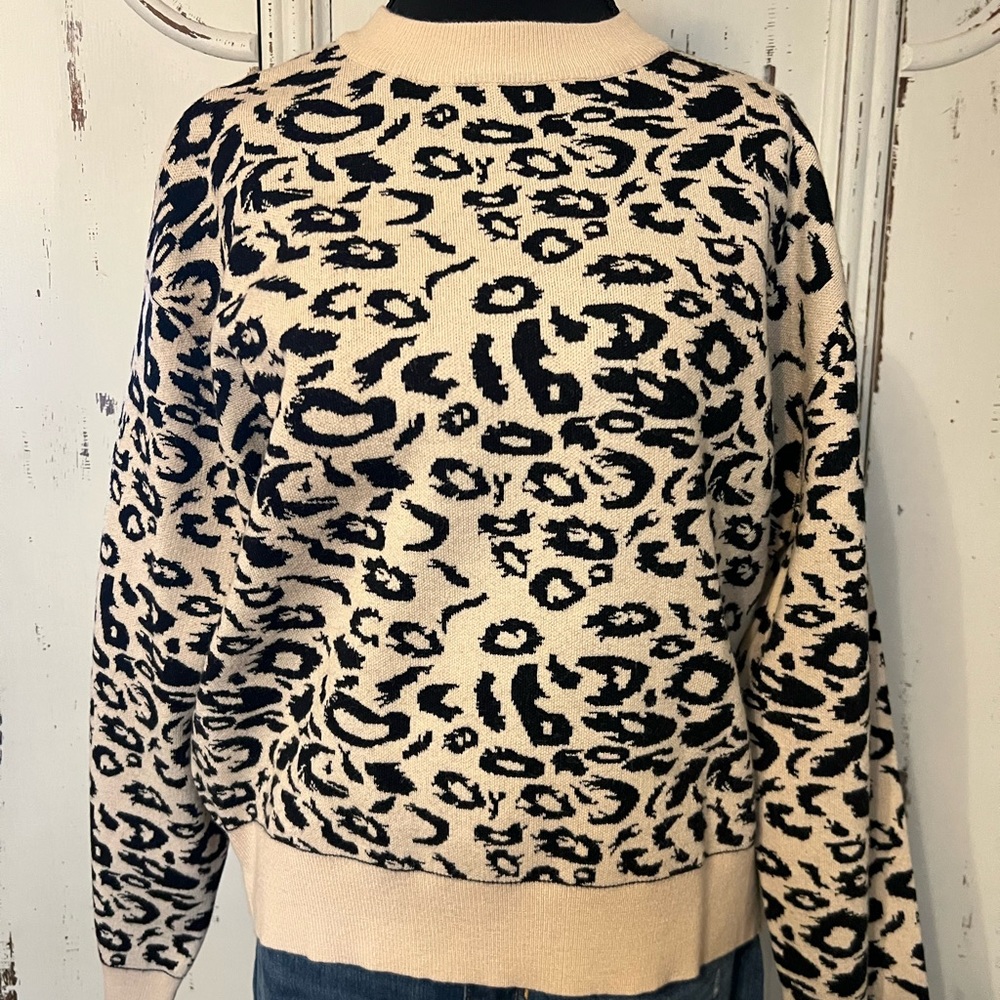 Knot Sisters Tara  Black and Cream Crew Neck Sweater with Leopard Print
